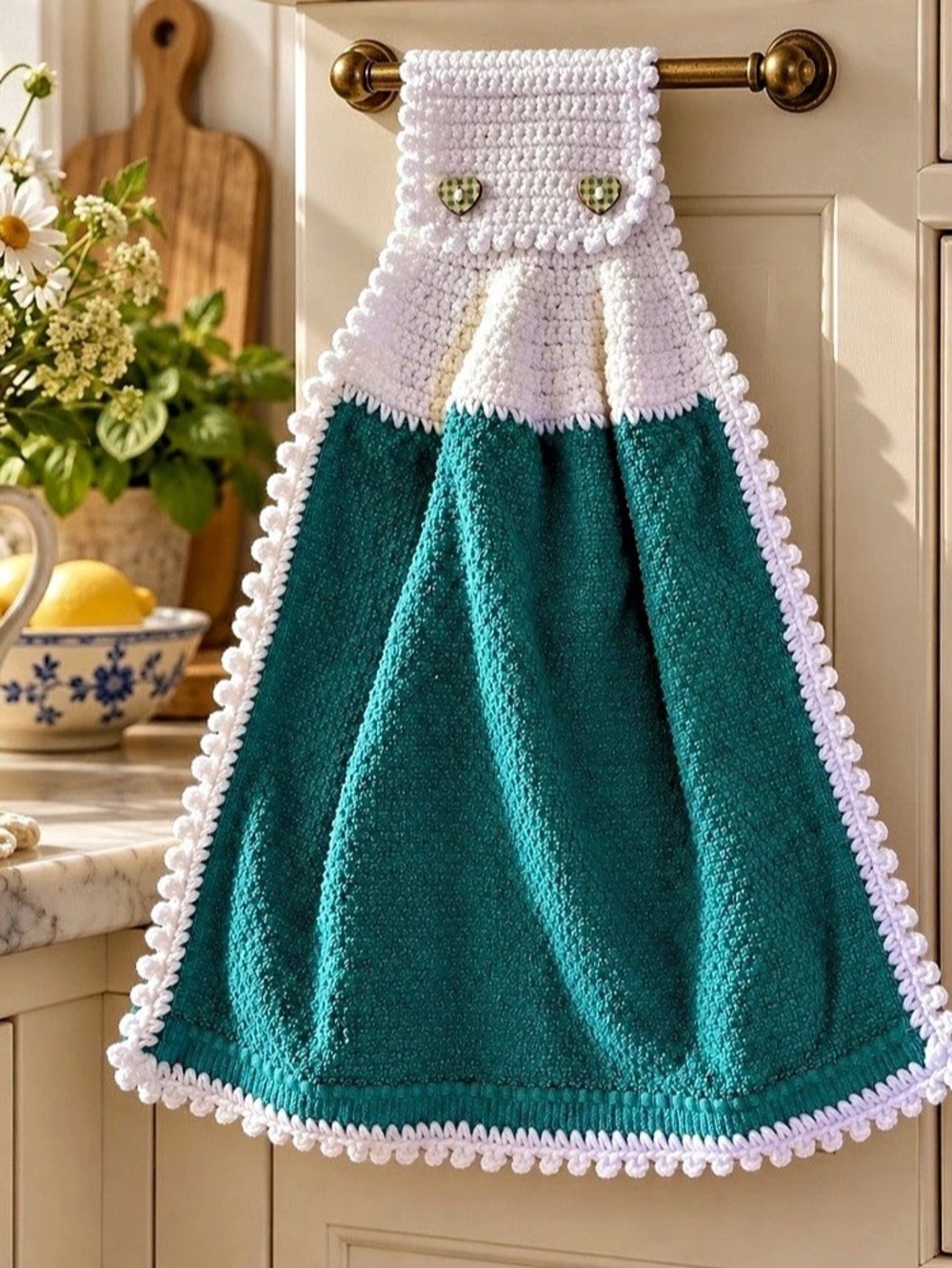 Artisan Handmade Crochet Hanging Kitchen Towel Teal White Heart Buttons